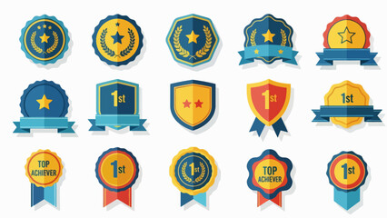 A collection of colorful award badges and ribbons in a vector graphic design