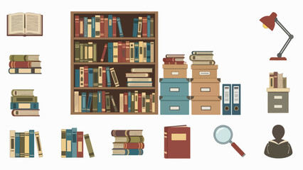 A colorful vector illustration of a library with books, shelves, and study materials