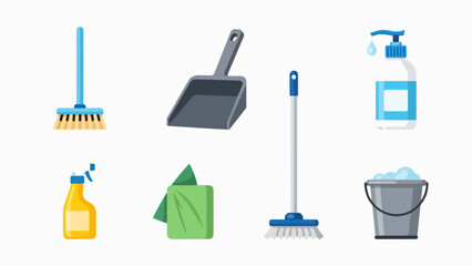 A set of colorful cleaning icons including a broom, dustpan, mop, and bucket