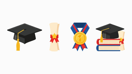 A set of graduation icons including a cap, diploma, medal, and books in a flat, minimalist design style.