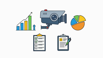 A vector graphic illustration of business analytics and security icons on a white background