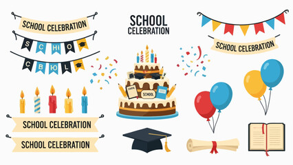 A colorful vector illustration of school celebration elements including a birthday cake, balloons, graduation cap, and banners.