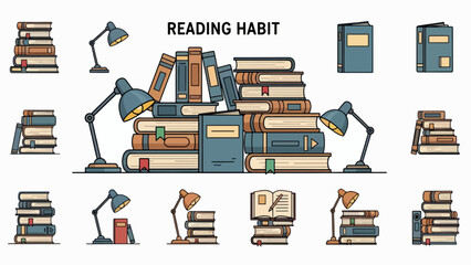 A colorful vector graphic illustration of a reading habit concept with books and lamps