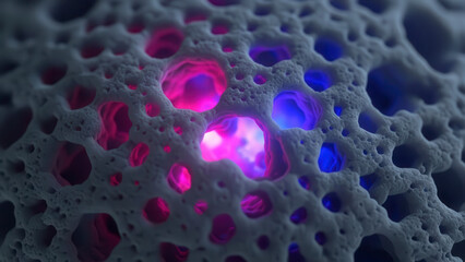 Macro 3D illustration of a white organic porous structure with glowing pink and blue light emanating from within the deep cavities against a blurred dark background