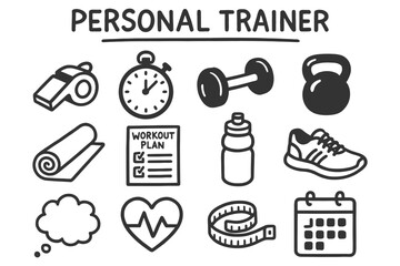 Personal trainer icons: fitness equipment, workout essentials, and training tools.