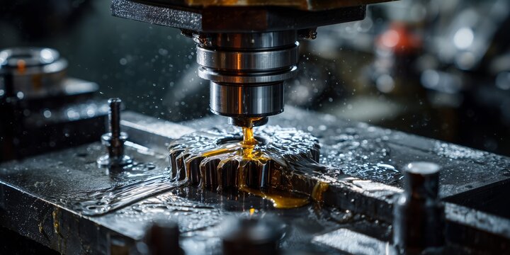 Precision machining process with metal gear being cut and lubricated in industrial workshop - Powered by Adobe