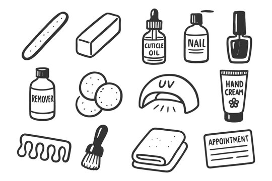 Hand-drawn nail care tools and products illustration with file, polish, and lotion.