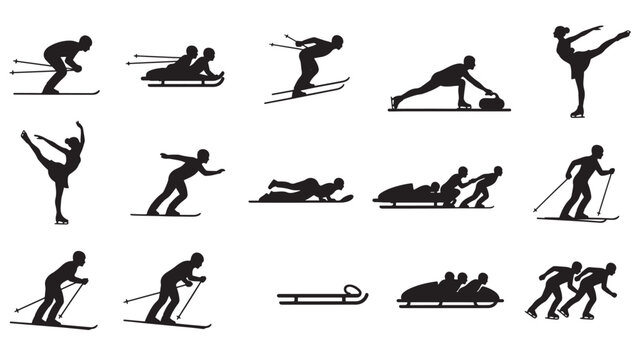 Winter sports icons collection with skiers skaters and bobsleigh on transparent background silhouette