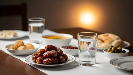 Elegant Ramadan iftar table setup with traditional food, dates, and warm lighting for a cozy and spiritual atmosphere.