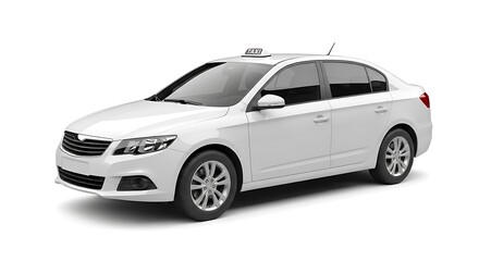 White sedan taxi with taxi sign on roof isolated on white background vehicle