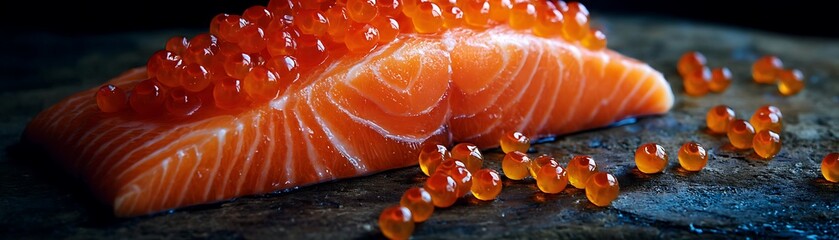 Fresh cut of raw salmon fillet generously topped with bright orange fish roe