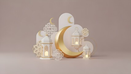 Minimalist golden crescent moon ornament symbolizing Ramadan and Islamic spirituality on a soft background.