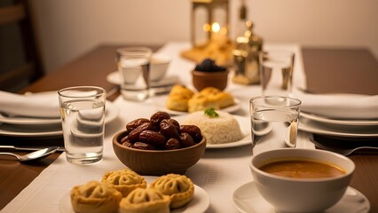 Elegant Ramadan iftar table setup with traditional food, dates, and warm lighting for a cozy and spiritual atmosphere.