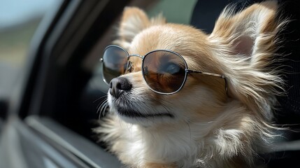 Small longhaired dog enjoys open air travel while wearing protective eyewear