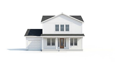 White two story farmhouse with attached garage and dark roof home residential