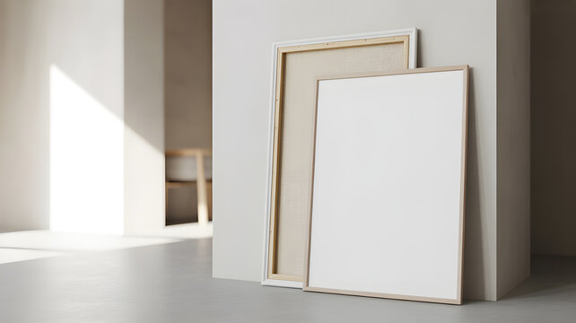 Ultra-realistic minimalist interior photograph of a blank white picture frame with natural wooden border leaning against a clean white wall