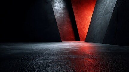 Dramatic dark interior space features angular concrete walls illuminated by vibrant contrasting lights