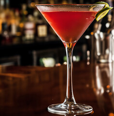 cocktail in a bar. red martini cocktail. Cranberry juice served in a martini glass with a crescent-shaped lemon garnish. Isolated on a white background.