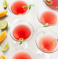 red martini cocktail. Cranberry juice served in a martini glass with a crescent-shaped lemon garnish. Isolated on a white background.