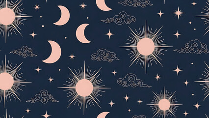Celestial bodies pattern featuring sun, moon, and stars against a dark blue background with clouds, viewed from directly above.