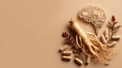 Ginseng for Fatigue and Cognitive Support. Ginseng roots and capsules with a brain icon overlay, highlighting health and wellness themes.