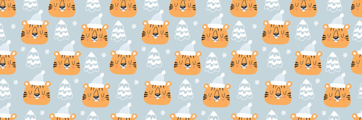 Cute tiger pattern with Christmas elements. Seamless animal design featuring baby cats in festive winter attire. Perfect for kids holiday decor and seasonal gift wrap.