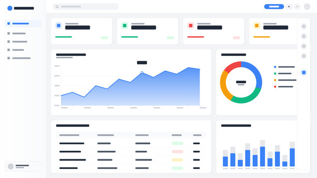 Modern dashboard interface with data analytics charts, graphs, and user interface elements. Includes line graph, pie chart, bar chart, and data tables in a clean, minimal, and flat UI design.