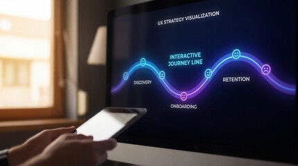ux strategy visualization glowing neon wave interactive journey line, customer experience map, discovery onboarding retention analytics, digital business technology concept, for web, app, ui.