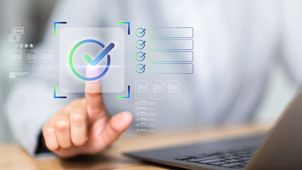 Business document review involves verification check mark on task list. Workflow management planning uses technology assessment form. Survey analysis process tracks datum