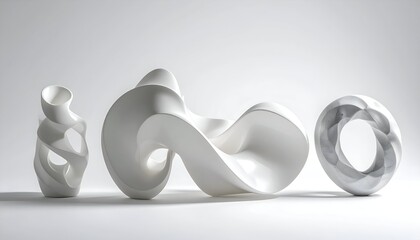 Abstract white sculptures on a light background studio shot design concept