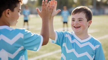 Happy boy with Down syndrome gives high-five to his teammate on soccer field. Children on sports team showing inclusion and friendship