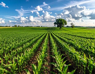 Lush Green Cornfield Under a Bright Blue Sky with Clouds.