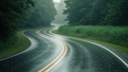 Rainy day on a winding road through forest and tall grass
