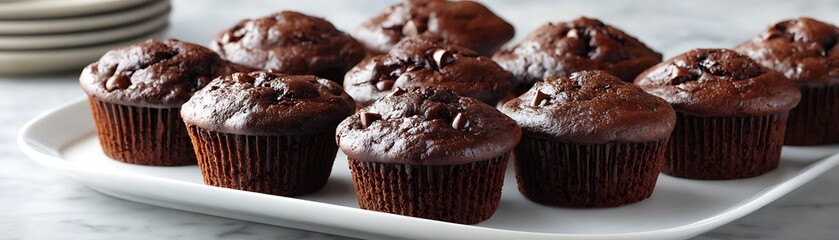 Numerous dark chocolate baked goods rest upon a long white serving platter