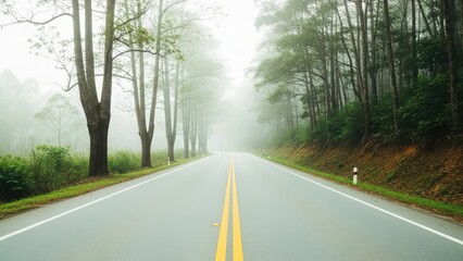 Fototapeta premium Foggy road through misty forest landscape