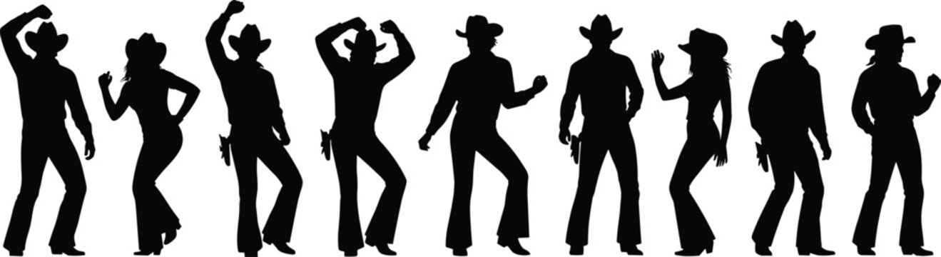 Silhouettes of cowboy dancers performing synchronized line dance poses in Western attire, capturing rhythm, movement, and cultural expression