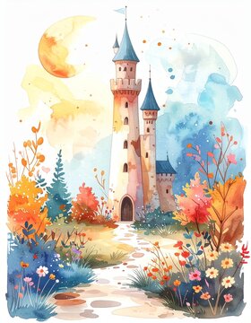 ルノルマンカード「塔」キュートな絵本風水彩画イラスト / Lenormand Card &ldquo;Tower&rdquo;, Cute Storybook Watercolor Illustration