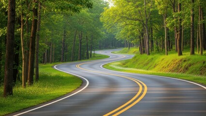 Fototapeta premium Winding road through lush green forest with trees