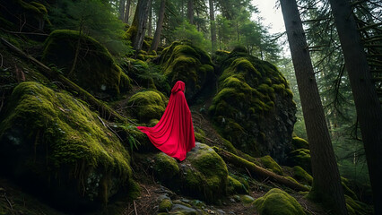 Woman in red cloak walking through a serene forest with mossy rocks and trees