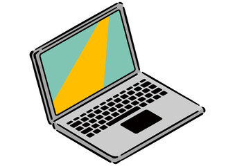 アイソメトリック図法のノートパソコン。手描きのアイソメ。