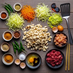 Sri Lankan kottu roti ingredients arranged flat lay style, street food culture, clean stock food concept.