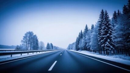 Fototapeta premium Snowy highway stretching through frosty forest landscape