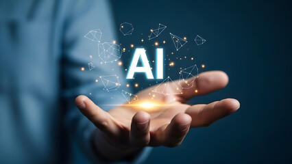 A person holding AI technology in their hand surrounded by digital elements