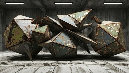 Abstract art of broken glass cubes and blocks scattered across a vintage grunge wooden texture with old paint pattern and stone nature elements