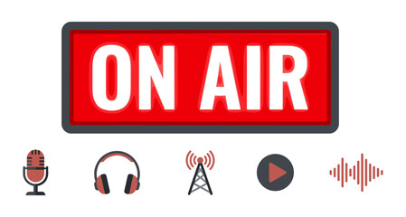 On air broadcasting concept with radio studio equipment icons