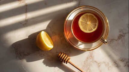 Hot beverage served with citrus slice and sweet condiment on elegant surface