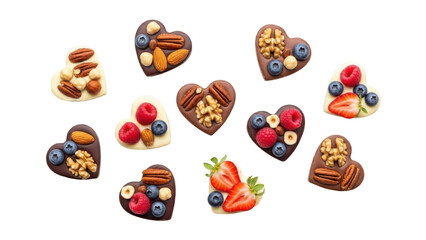 Assorted heart shaped desserts with fruits and nuts isolated on transparent background