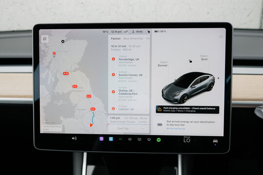 Tesla navigation screen showing long distance route planning