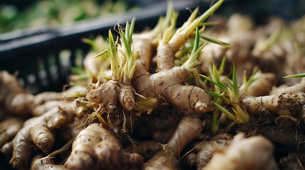Freshly harvested rhizomes with developing green shoots displayed in bulk
