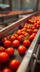 Ripe, red produce travels along a mechanical sorting line inside a food processing facility.